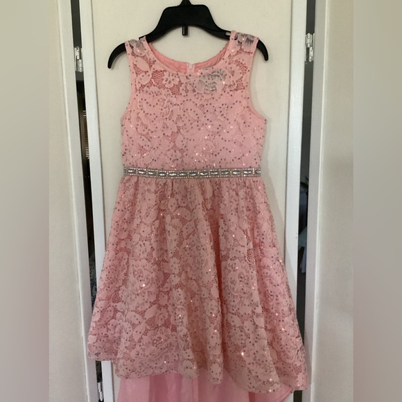 💗 Girls formal dress Sz 7 pink lace fancy sequins wedding black tie flower girl - Picture 2 of 10